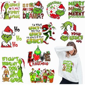 10 صفائح Grinchs الحديد عيد الميلاد على نقل القمصان ، ورفاق حرارة عيد الميلاد الفينيل ، وحديد عيد الميلاد على شارات لوسادة حقيبة الملابس يغطي ديكورات DIY