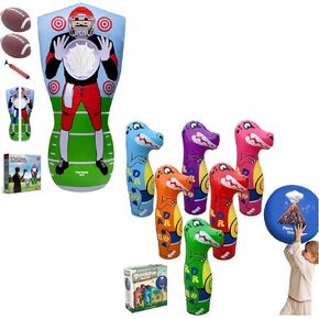 Inflatable Sports Activity Bundle for Kids – 65" Double-Sided Football Toss Game + 6 Giant Dino Bowling Pins & Ball – Indoor Outdoor Learning & Play Set – Ultimate Backyard & Birthday Gift Idea