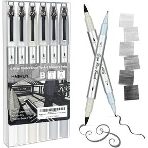 HNIHUY Dual Brush Pen Art Markers, 6 Gray Colors Set, Fine Tips Markers and Brush Tips Perfect for Blendable, Coloring, Sketching, Painting, Calligraphy, Illustration for Artists in Saudi Arabia