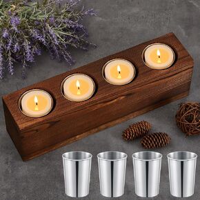 4 Hole Wooden Sugar Mold Wooden Dough Bowl with 4 Pcs Stainless Steel Candle Mold Bucket Dough Bowl Rustic Farmhouse Candle Holder for Tables -Succulent Planter