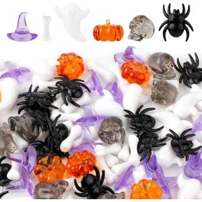 110pcs Acrylic Halloween Vase Filler Decor, Halloween Table Scatter 6 Style Halloween Ornaments Mini Pumpkin Skeleton Head Skulls Ghost Witch Hat Bone Spider Figurines for Gift Party Decoration Craft