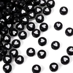 Pandahall 200pcs White Acrylic Black Heart Beads Flat Round White Love Heart Disc Coin Pony Beads for DIY Word Message Initial Bracelet Spacer Charms Jewelry Makings 7x7x3.5mm