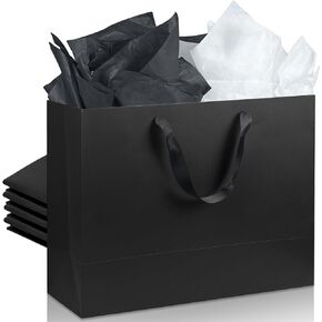 Keeparty 5 PCS حقائب الهدايا السوداء مع مقابض 16 × 12 × 6 بوصات أكياس التسوق الورقية Kraft الأسود مع مقابض الشريط لعيد حفلات عيد ميلاد حفل زفاف الحفلات