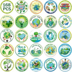 168Pcs Happy Earth Day Sticker Green Eco Friendly Educational Stickers Round Environmental Protection Stickers Save The Earth Stickers School Publicity and Education Activities