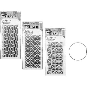 Tim Holtz Stampers مجموعة الاستنسل الطبقات المجهولة ، Deco Leaf ، Deco Floral ، Deco Feather Plus Cable Binder Ring ، April 2024 Release ، THS181 ، THS182 ، Th183 ، 4 item bundle