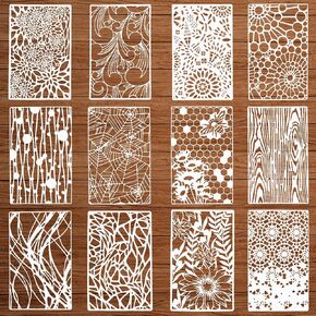 12Pcs Mixed Stencils for Painting Wood Grains Flower Texture Templates Reusable Leaf Floral Templates Spider Web Layering Spray Paint Stencils Kit on Cake Card DIY Wood Furniture Canvas Paper(11×7'')