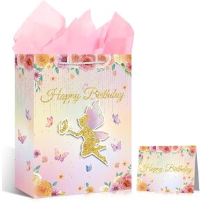 3D Floral Fairy Gift Bag for Girls - Pink Butterfly Flower Happy Birthday Bag with Wrapping Paper and Card for Baby Shower Decorations