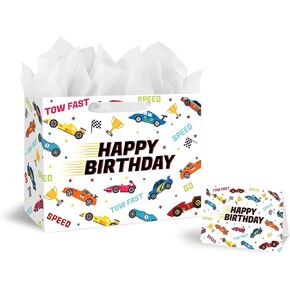 BATYONGOGA 13" Large Race Cars Birthday Gift Bag with Handles, Greeting Card, and Tissue Papers White Two Fast themed for Kids Birthday Party, Boys, Girl, Baby boy, Baby Shower