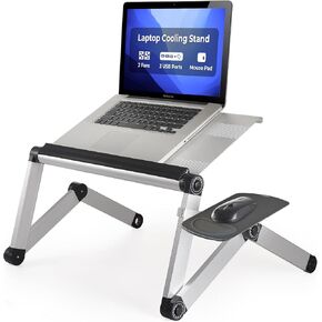 WorkEZ Cooling Adjustable Laptop Stand for Desk w/Fan USB Ports Mouse Pad Ergonomic Foldable Laptop Stand Riser Portable Computer Holder, Silver