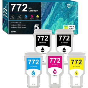 772 Ink Cartridge 5-Pack 300ml CN635A CN633A CN636A CN629A CN630A Ink Compatible for HP 772 Designjet Ink Cartridge Replacement for HP DesignJet Z5200 Z5400 Printer (5-Pack, MBK/PBK/C/M/Y)