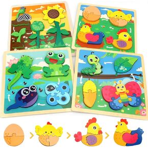 TOY Life Wooden Puzzles for Toddlers 2-4, 4 Pack Life Cycle of Animal Puzzle for Toddlers 1-3, Montessori Toys Gifts for 1 2 3 Year Old Boy Girl, Kids Learning Toy Educational, Baby Puzzles 12-18