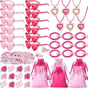 WinRayk Pink Party Favors لوازم عيد ميلاد الأميرة للفتيات ، ونظارات شمسية القلب هدايا أكياس قلادة حلقة ملصق رنين ، أطفال غودي كيس ماكياج حزب عيد ميلاد وردي ساخن.