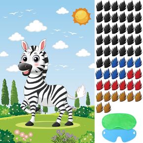 Pin The Tail on The Zebra Zoo Party Games for Kids Boys Girls Wild Animal Birthday Party Decorations, for Jungle Safari Party Decorations, Large Zebra Poster with 56 Tail Stickers