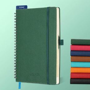 Planner 2025-2026 يوميًا وشهريًا ، 8.5 "× 6.5" ، و 18 شهرًا من جدول أعمال تقويم حلزوني مع حامل القلم ذاتيًا ، 2026 خطة أكاديمية مع غطاء ناعم من الجلد النباتي ، الأخضر