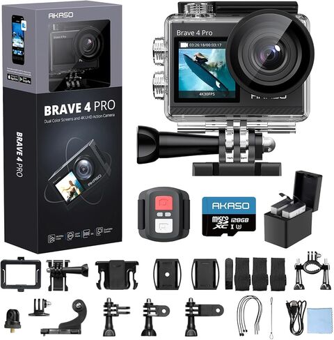 حزمة كاميرا AKASO Action مع كاميرا رياضية Brave 4 Pro 4K30fps، وبطاقة MicroSD U3 سعة 64 جيجابايت، وجهاز تحكم عن بعد، وحقيبة مقاومة للماء، وبطاريات 2 × 1350 مللي أمبير في الساعة، وشاحن وملحقات أخرى in Kuwait