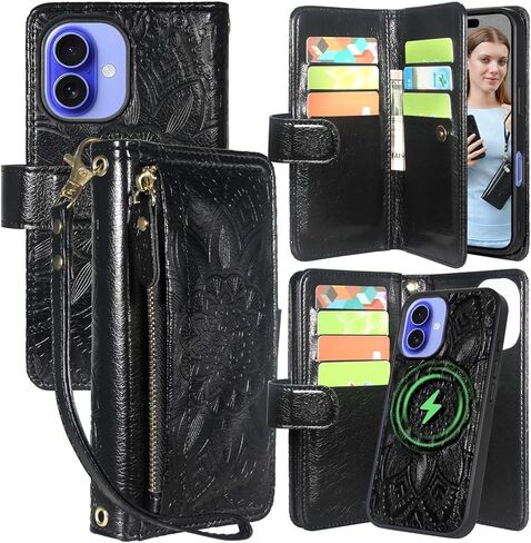 Harryshell for iPhone 15 / iPhone 14 / iPhone 13 Detachable Magnetic Case Wallet,Compatible with Magsafe Wireless Charging, [Theft-Scan Blocking] Card Slots, Cash Zipper Strap (Floral Blue Green) in Kuwait