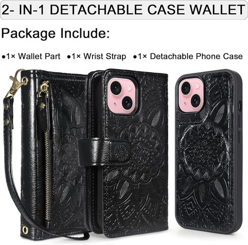 Harryshell for iPhone 15 / iPhone 14 / iPhone 13 Detachable Magnetic Case Wallet,Compatible with Magsafe Wireless Charging, [Theft-Scan Blocking] Card Slots, Cash Zipper Strap (Floral Blue Green) in Kuwait