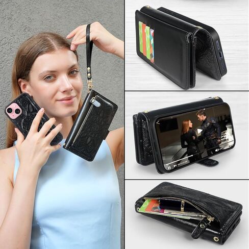 Harryshell for iPhone 15 / iPhone 14 / iPhone 13 Detachable Magnetic Case Wallet,Compatible with Magsafe Wireless Charging, [Theft-Scan Blocking] Card Slots, Cash Zipper Strap (Floral Blue Green) in Kuwait