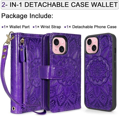 Harryshell for iPhone 15 / iPhone 14 / iPhone 13 محفظة مغناطيسية قابلة للفصل ، متوافقة مع شحن Magsafe اللاسلكي ، فتحات بطاقة [سرقة الفتحة] ، حزام سحاب نقدي (زهري النبيذ الأحمر) in Kuwait