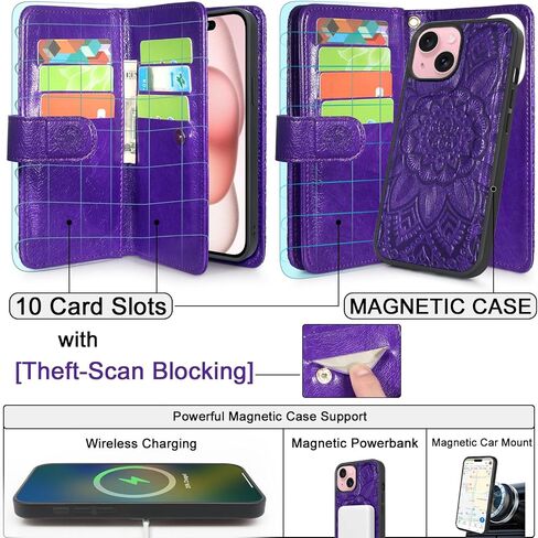 Harryshell for iPhone 15 / iPhone 14 / iPhone 13 محفظة مغناطيسية قابلة للفصل ، متوافقة مع شحن Magsafe اللاسلكي ، فتحات بطاقة [سرقة الفتحة] ، حزام سحاب نقدي (زهري النبيذ الأحمر) in Kuwait