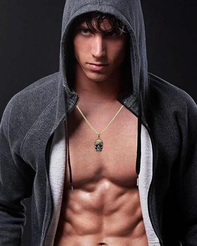 قلادة جمجمة كالافيرا للرجال من بلاك جاك، قلادة من الفولاذ المقاوم للصدأ 316L باللون الأبيض/الذهبي/الأسود/الأزرق مع سلسلة صندوقية مقاس 24 بوصة، هدايا مجوهرات بسيطة، عيون تشيكوسلوفاكيا كبيرة in Kuwait