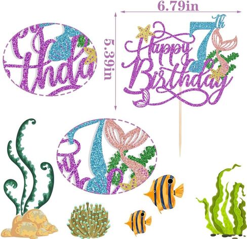 Mermaid 5 Cake Topper, Happy 5th Birthday Cake Decor,Under The Sea Theme Girl Kid First Birthday Cake Supplies/Ocean World One Mermaid Party Decoration Supplies Purple in Kuwait