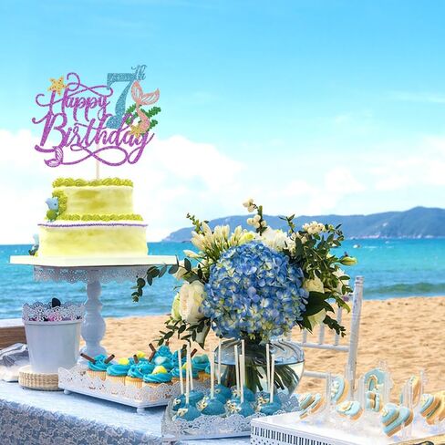 Mermaid 5 Cake Topper, Happy 5th Birthday Cake Decor,Under The Sea Theme Girl Kid First Birthday Cake Supplies/Ocean World One Mermaid Party Decoration Supplies Purple in Kuwait