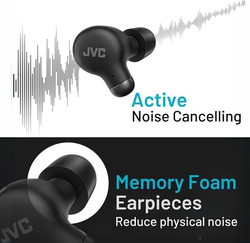 JVC Marshmallow Active Noise Canceling True Wireless Earbuds Headphones, Long Battery Life (up to 28 Hours), Sound with Neodymium Driver, Including Memory Foam Earpieces - HAA25TB Black, Compact in Kuwait