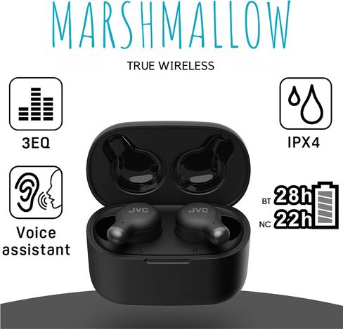 JVC Marshmallow Active Noise Canceling True Wireless Earbuds Headphones, Long Battery Life (up to 28 Hours), Sound with Neodymium Driver, Including Memory Foam Earpieces - HAA25TB Black, Compact in Kuwait
