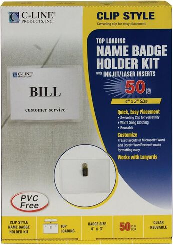 C-Line Name Badge Kit with Inserts, Clip Style, Top Load, 4" x 3", Clear, Box of 96 (95596) in Kuwait