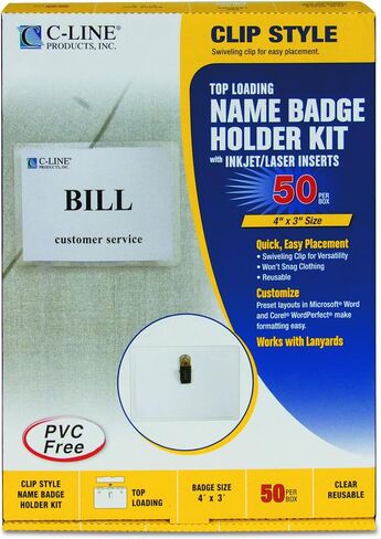 C-Line Name Badge Kit with Inserts, Clip Style, Top Load, 4" x 3", Clear, Box of 96 (95596) in Kuwait