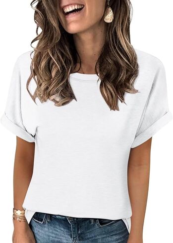 Women's T-Shirts Rolled Short Sleeve Shirts Crewneck Summer Tops Solid Loose Casual Tees Shirts in Kuwait