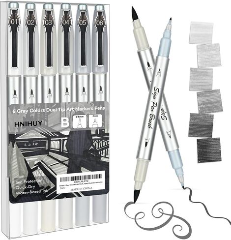 HNIHUY Dual Brush Pen Art Markers, 6 Gray Colors Set, Fine Tips Markers and Brush Tips Perfect for Blendable, Coloring, Sketching, Painting, Calligraphy, Illustration for Artists in Saudi Arabia