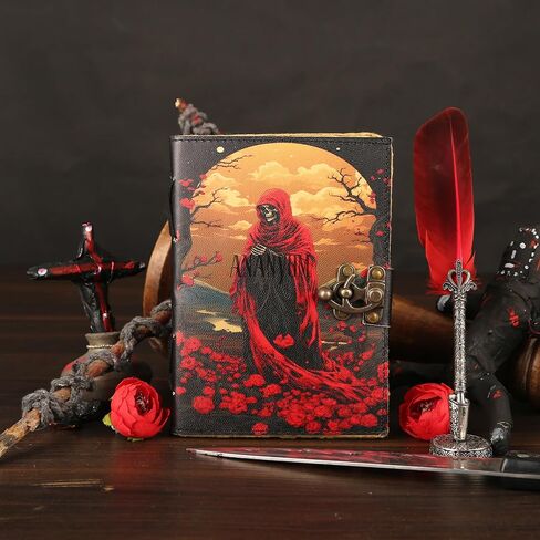 Handmade Leather Journal, Modern Fantasy Playing Notebook Spiral Gothic Notebook Skull lover Antique Vintage Leather Journals With 200 Blank Deckle Paper, Unruled, Brass Clasp Lock Journal, Men & in Kuwait