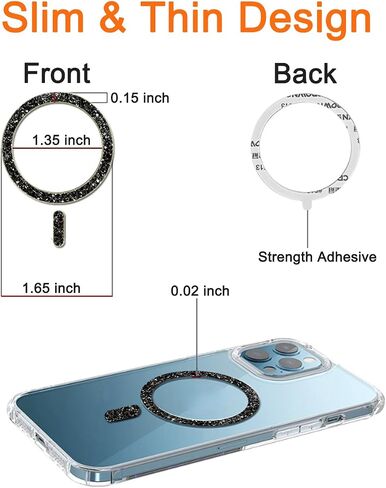 COJOC for MagSafe Ring Stickers, Glitter Universal Magnetic Metal Ring Compatible with Magsafe Accessories & Wireless Charging for iPhone 16/15/14/13 Pro Max Mini, Galaxy Series and Phone Case,Silver in Kuwait