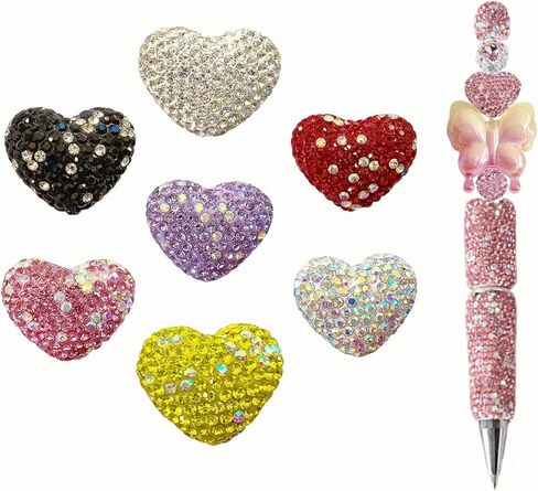 Focal Beads for Pens 7Pcs Rhinestone Heart Shaped Diamand Chunky Glitter Beads for Beaded Pens Bulk Jewelry Keychains Making in Kuwait