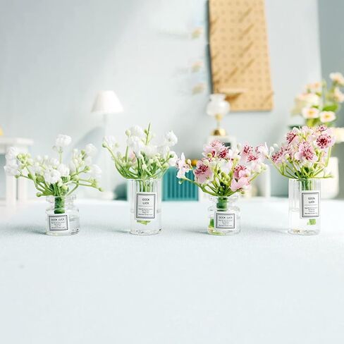 Miniature Flower in Vase Dollhouse Mini Jasmine Flowers Handmade Easily Matched Dollhouse Accessories Flower Vase Set Model Decor for 1:6 or1:8 Scale Micro Landscape (Pink) in Kuwait