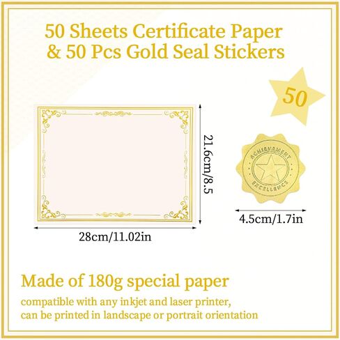 100 Sheets Certificate Paper with 100 Pcs Gold Seal Stickers, 8.5 × 11’‘ Printable Certificates for Graduation Certificates, Employee Recognition Gifts, Business Awards in Saudi Arabia