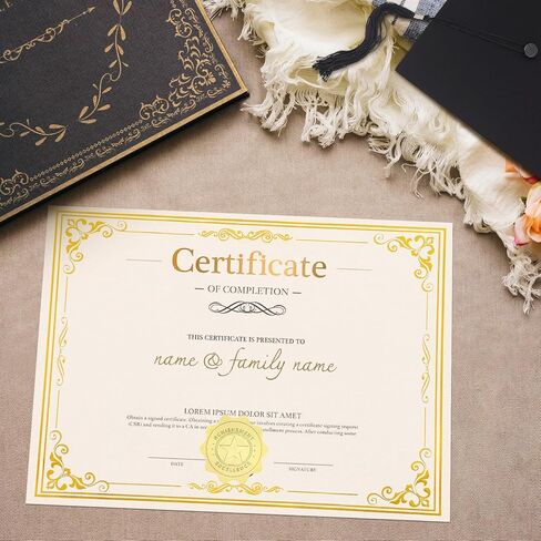 100 Sheets Certificate Paper with 100 Pcs Gold Seal Stickers, 8.5 × 11’‘ Printable Certificates for Graduation Certificates, Employee Recognition Gifts, Business Awards in Saudi Arabia