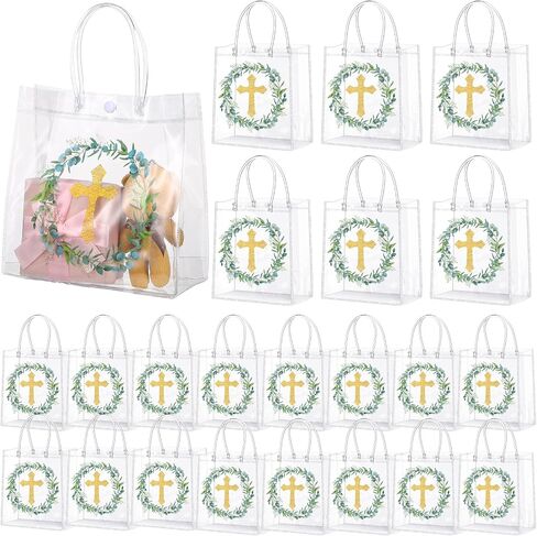 SilTriangle 20 Pieces Baptism Cross Party Gift Bags with Handles 8x8x3.15‘' First Communion Holy Party PVC Treat Bags Baptism Party Clear Favor Bags Bulk for Boys Girls Newborn Baby Shower Party in Saudi Arabia