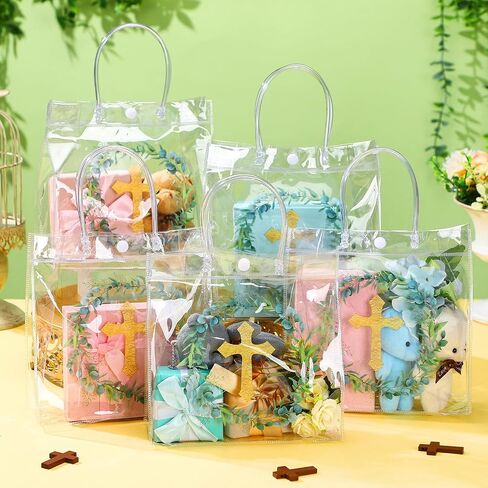 SilTriangle 20 Pieces Baptism Cross Party Gift Bags with Handles 8x8x3.15‘' First Communion Holy Party PVC Treat Bags Baptism Party Clear Favor Bags Bulk for Boys Girls Newborn Baby Shower Party in Saudi Arabia