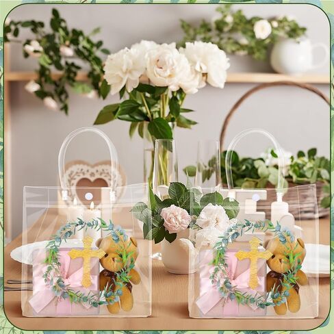 SilTriangle 20 Pieces Baptism Cross Party Gift Bags with Handles 8x8x3.15‘' First Communion Holy Party PVC Treat Bags Baptism Party Clear Favor Bags Bulk for Boys Girls Newborn Baby Shower Party in Saudi Arabia
