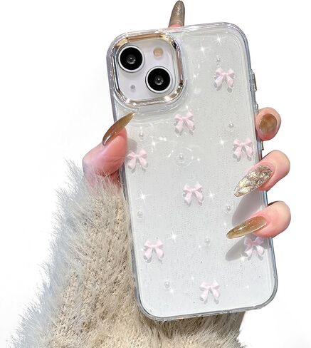 EYZUTAK Case for iPhone 13/iPhone 14, Bling Glitter 3D Bowknot Phone Case Cute Sparkly Crystal Clear Bow Aesthetic Design Case Slim Soft Durable TPU Transparent Protective Cover for Women Girls - Bow in Saudi Arabia