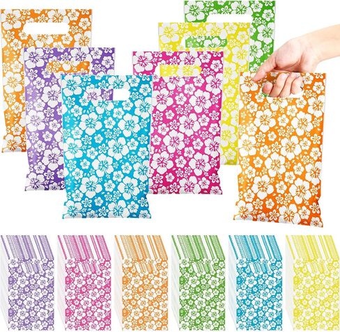 Kolldenn 48 Pcs Pieces Plastic Hibicus Gift Bags Bulk Hawaiian Candy Goodie Treat Bags with Handle for Summer Party Favor Supplies Decoration in Kuwait
