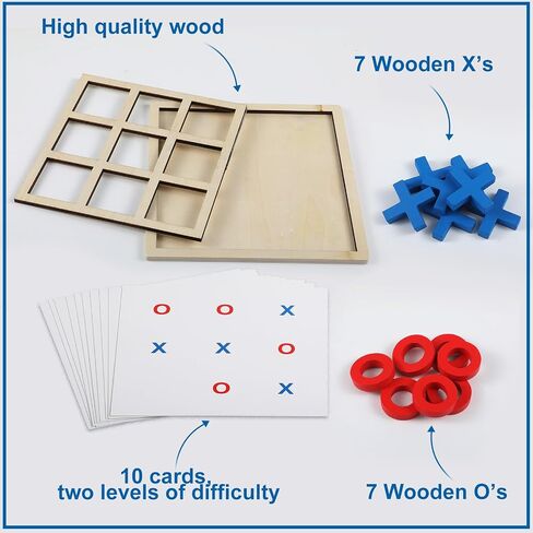 Jumbo Wooden Tic Tac Toe Game Dementia Activities for Alzheimers Seniors with Matching and Puzzle Templates XO Chess Board Game for Elderly Engaging Table Decor(Blue, Red) in Kuwait