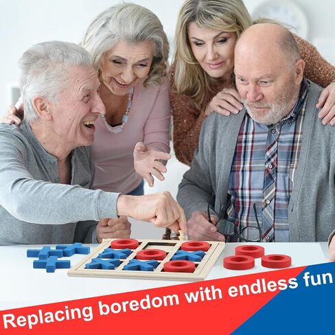 Jumbo Wooden Tic Tac Toe Game Dementia Activities for Alzheimers Seniors with Matching and Puzzle Templates XO Chess Board Game for Elderly Engaging Table Decor(Blue, Red) in Kuwait