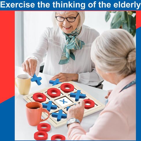 Jumbo Wooden Tic Tac Toe Game Dementia Activities for Alzheimers Seniors with Matching and Puzzle Templates XO Chess Board Game for Elderly Engaging Table Decor(Blue, Red) in Kuwait