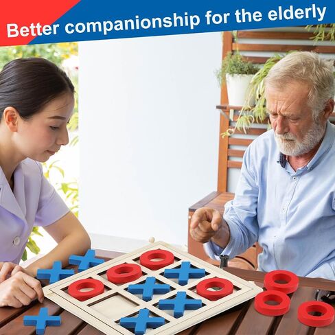 Jumbo Wooden Tic Tac Toe Game Dementia Activities for Alzheimers Seniors with Matching and Puzzle Templates XO Chess Board Game for Elderly Engaging Table Decor(Blue, Red) in Kuwait