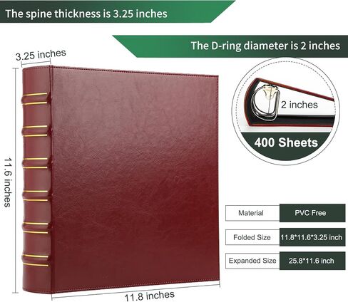 عتيقة Hardback 3 رنين رنين 2 بوصة ، رابط جلدي احترافي 3 خاتم ، ثلاثة مجمعات الحلقة تناسب 8.5 "× 11" ، دقة د ألبوم الصور ، المنزل ، المدارس واللوازم المكتبية- الأحمر الداكن in Kuwait