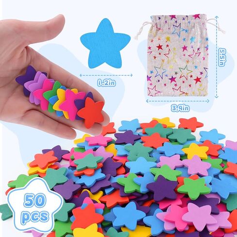 50Pcs Star Extra Tokens for Reward Jar Colorful Star Shape Wooden Cutouts with Linen Pocket 9 Colors Wooden Tokens for Student Teacher School Classroom in Saudi Arabia